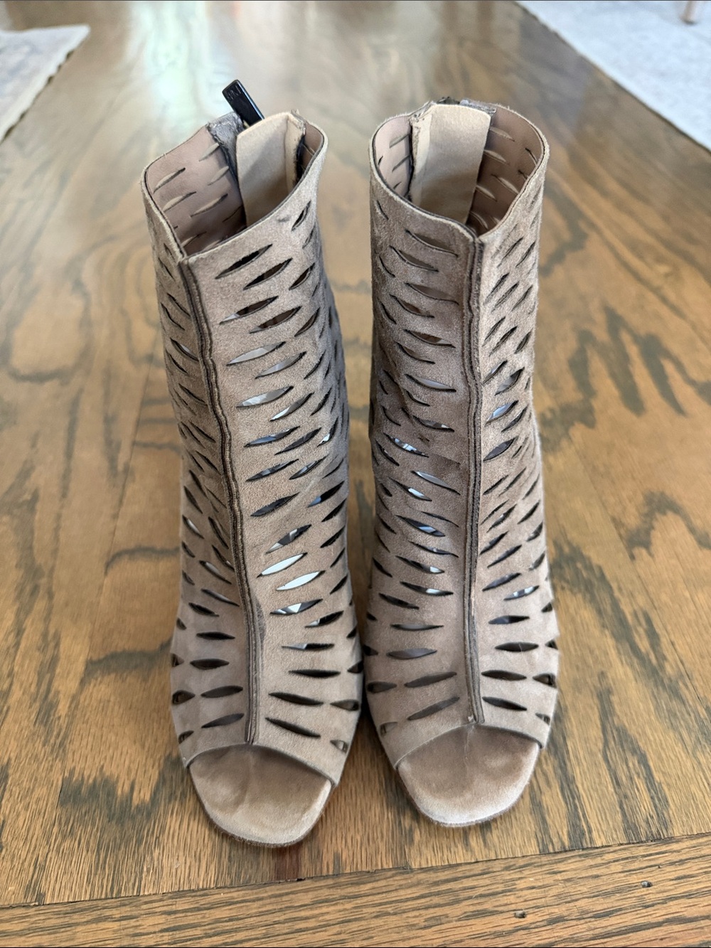 Diane Von Furstenberg Taupe Suede Laser-Cut Peep-Toe Ankle Boots 7